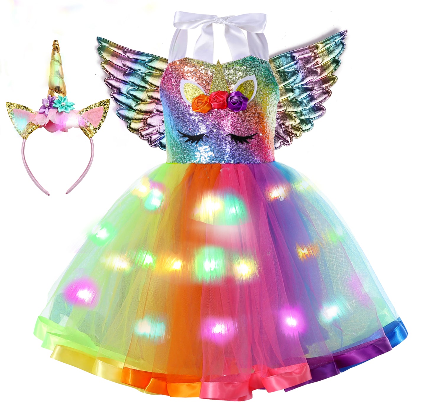 Rainbow Unicorn LED Colorful Lights Sequins Tutu Dress