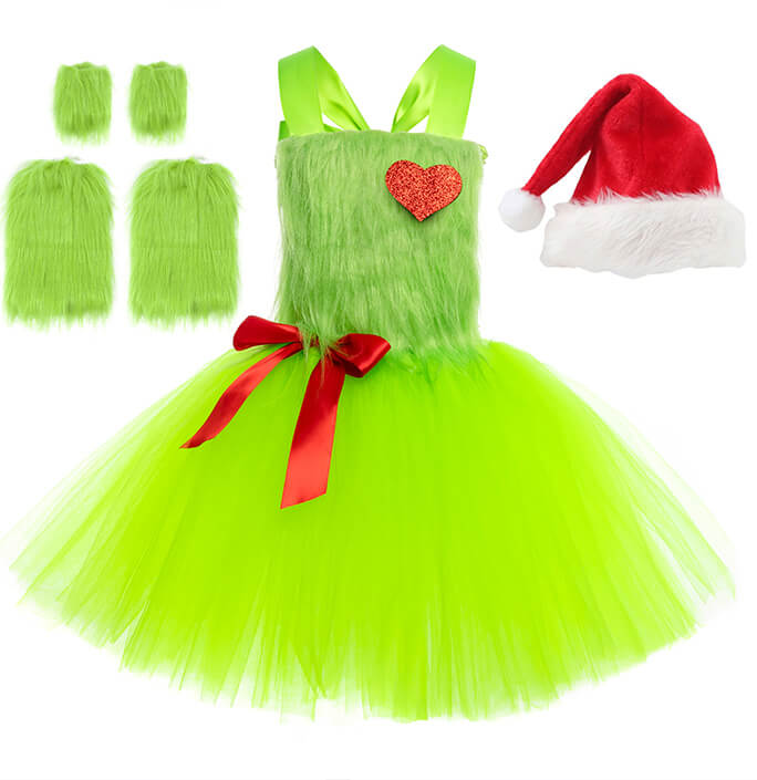 Girls Christmas Green Hairy Monster Tutu Dress