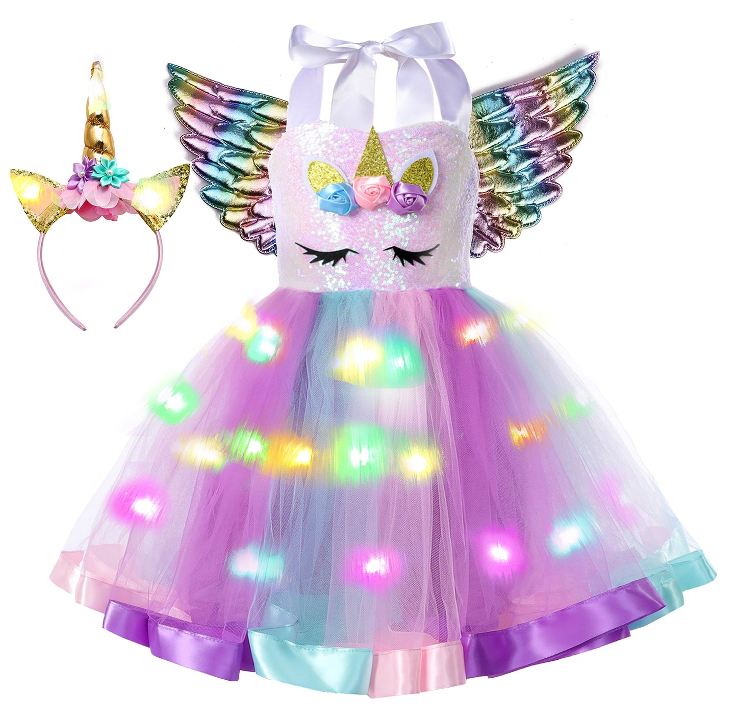 Rainbow Unicorn LED Colorful Lights Sequins Tutu Dress