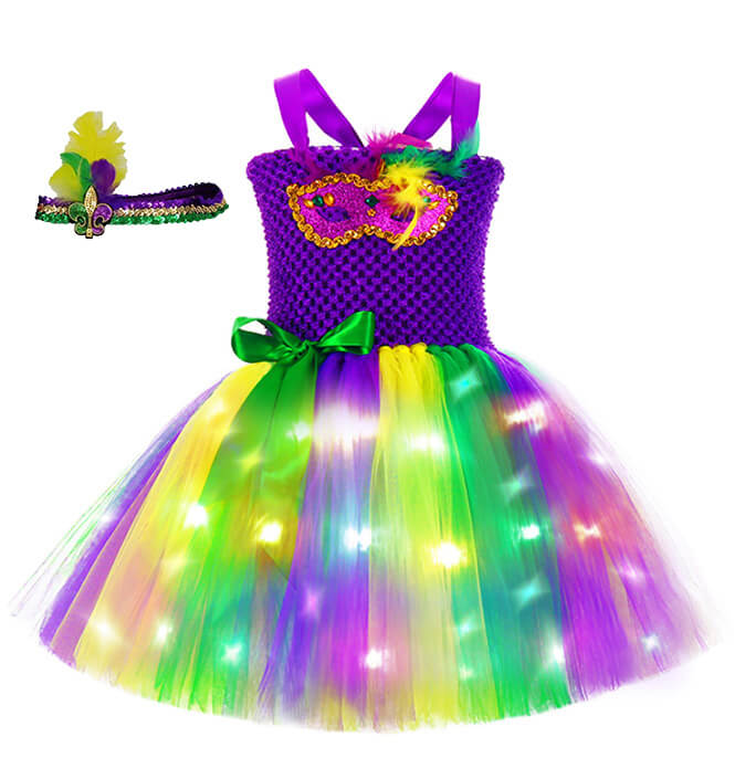 Girl Carnival LED Lights Colorful Mask Tutu Dress