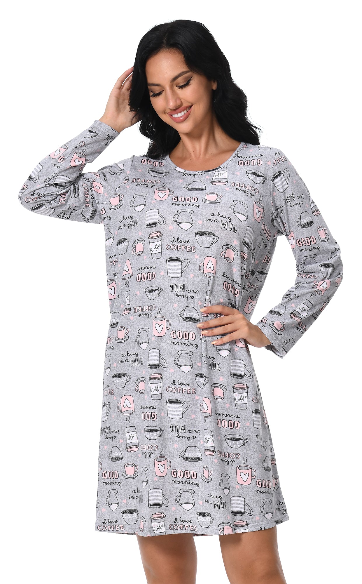 FEREMO Long Sleeve Nightgowns for Women Cotton Printed Sleepshirt Soft Loose House Dresses 2 Pack
