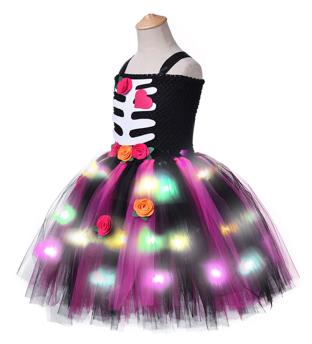 Tutu Dreams LED Day of the Dead Costume for Girls with Veil Headwear Hallwoeen Dress Up Clothes Holiday Party