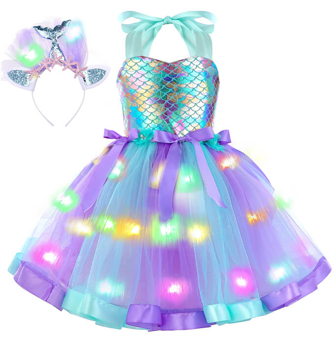 Girls LED Light Fish Scale Sequins Mermaid Costume