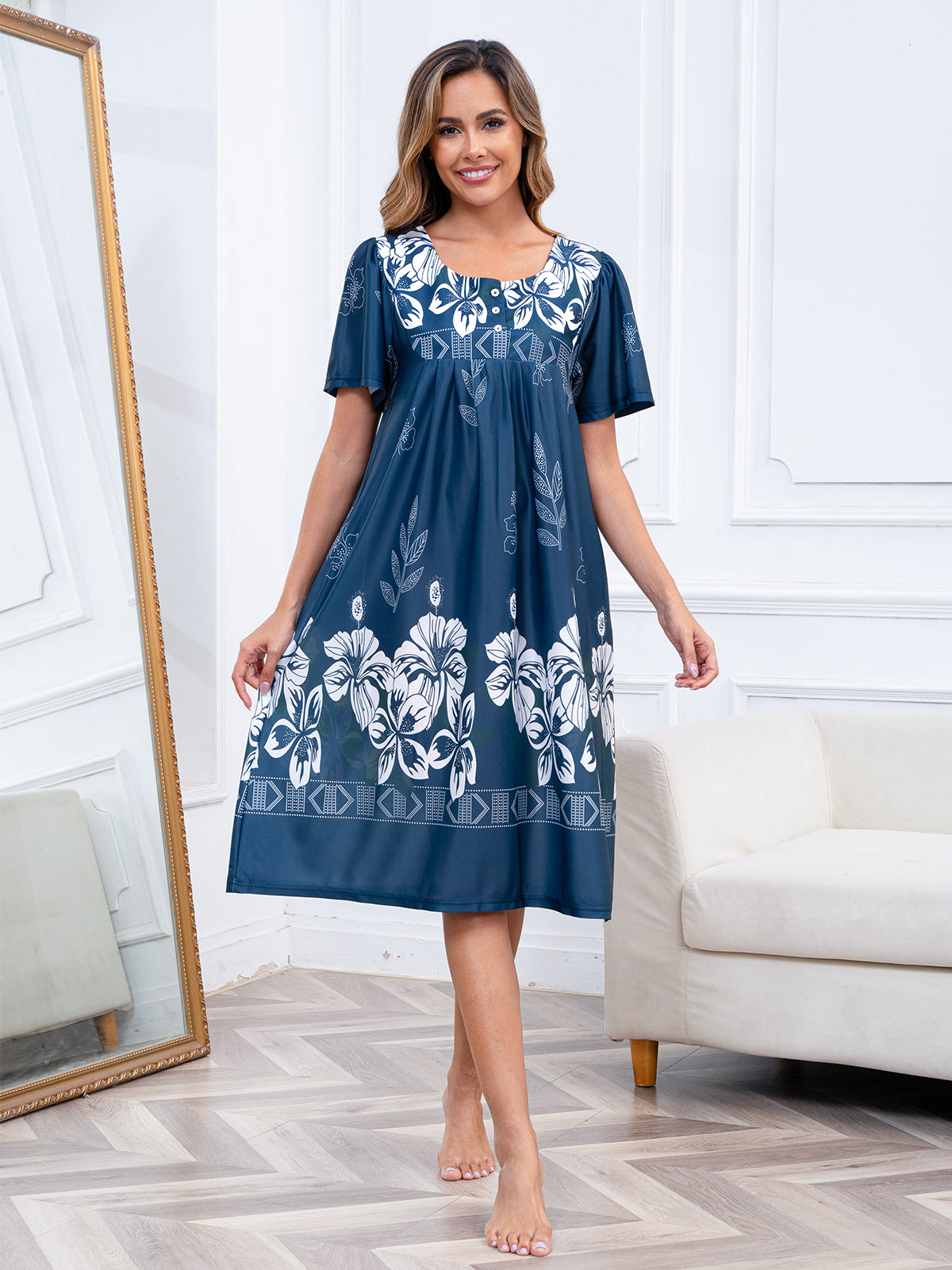 PinkBeautiM Mumu Nightgowns for Women Button Down Neck Lounge Dresses Short Sleeve House Dresses with Pockets