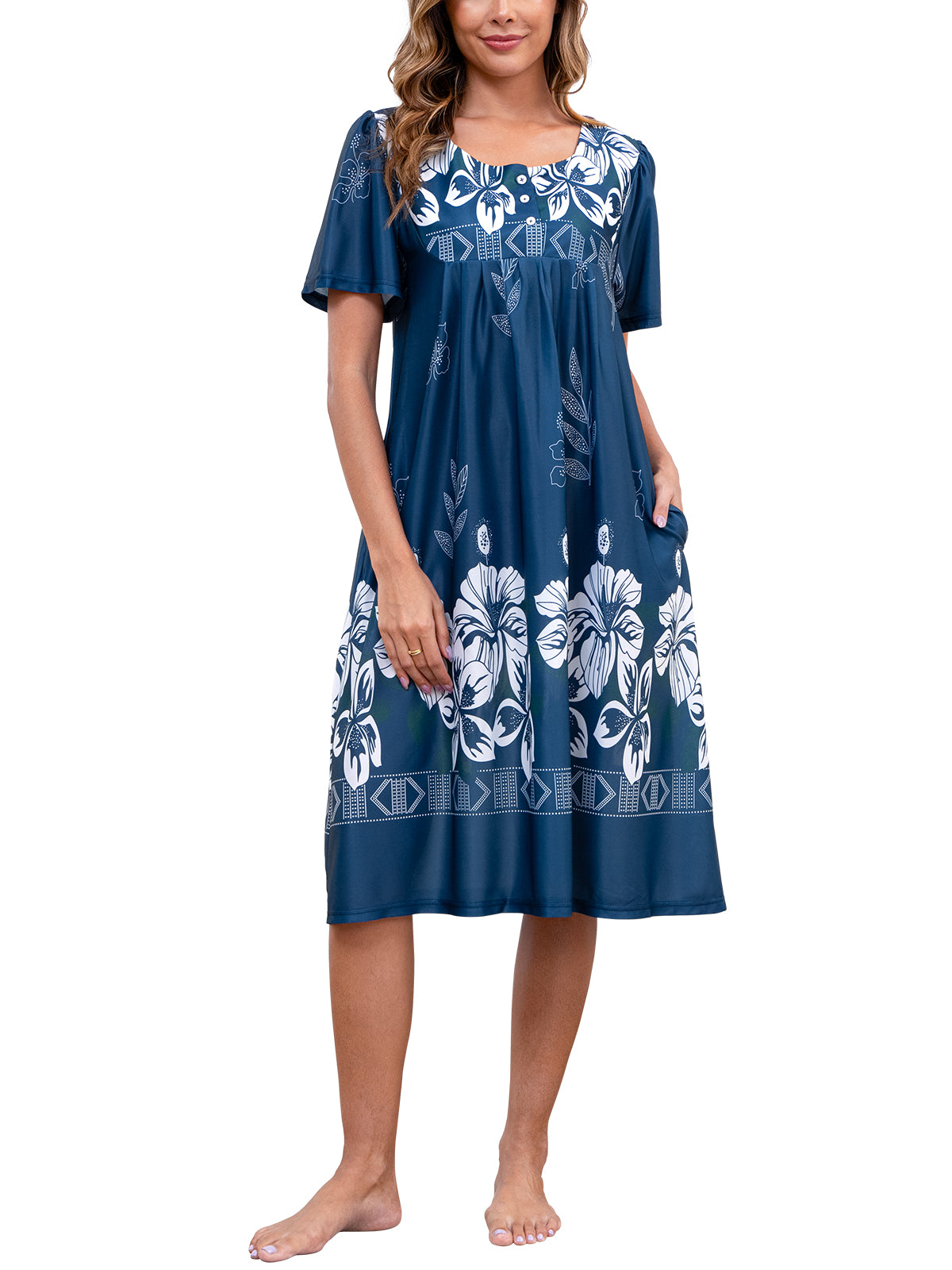 PinkBeautiM Mumu Nightgowns for Women Button Down Neck Lounge Dresses Short Sleeve House Dresses with Pockets