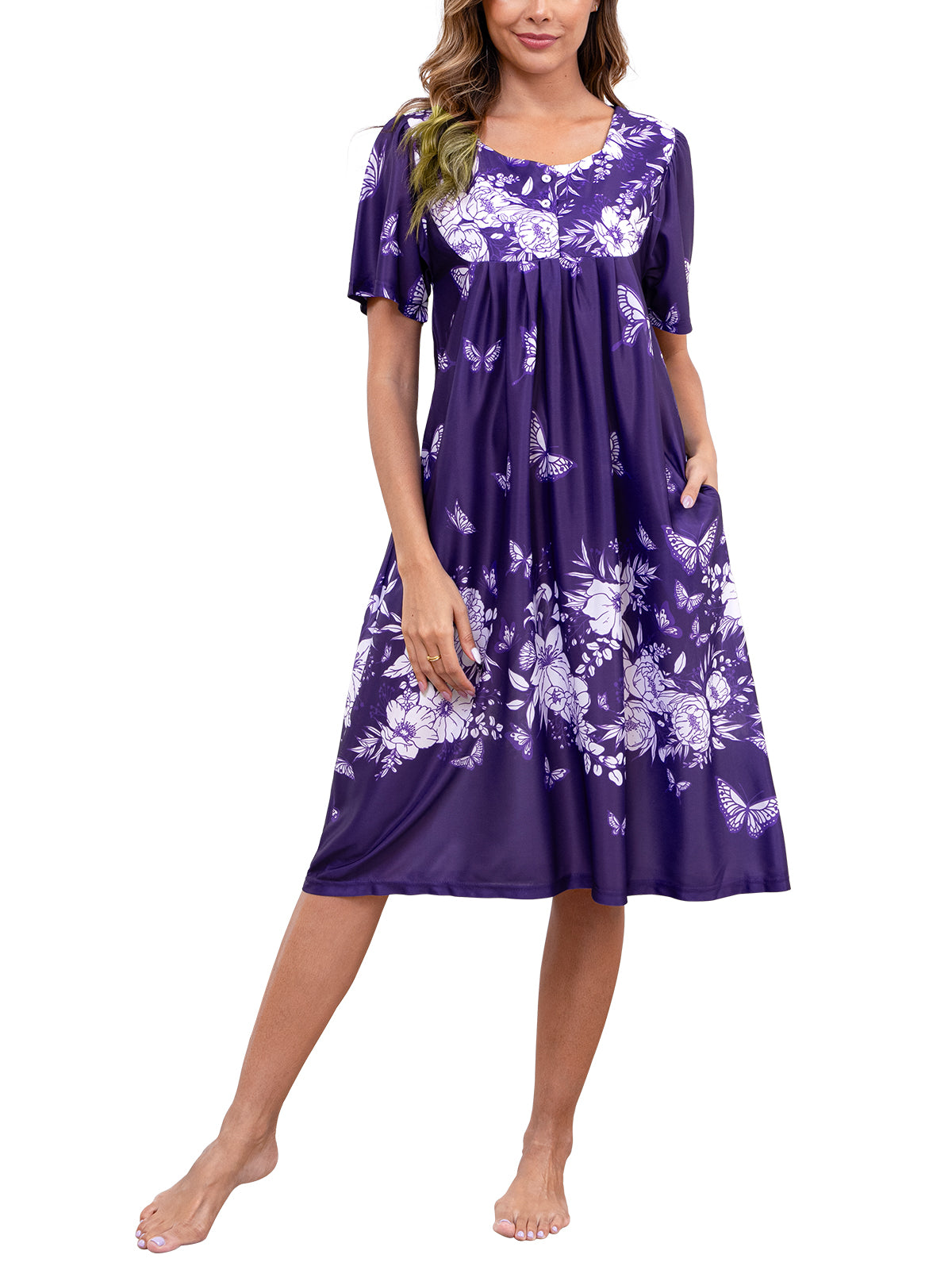 PinkBeautiM Mumu Nightgowns for Women Button Down Neck Lounge Dresses Short Sleeve House Dresses with Pockets