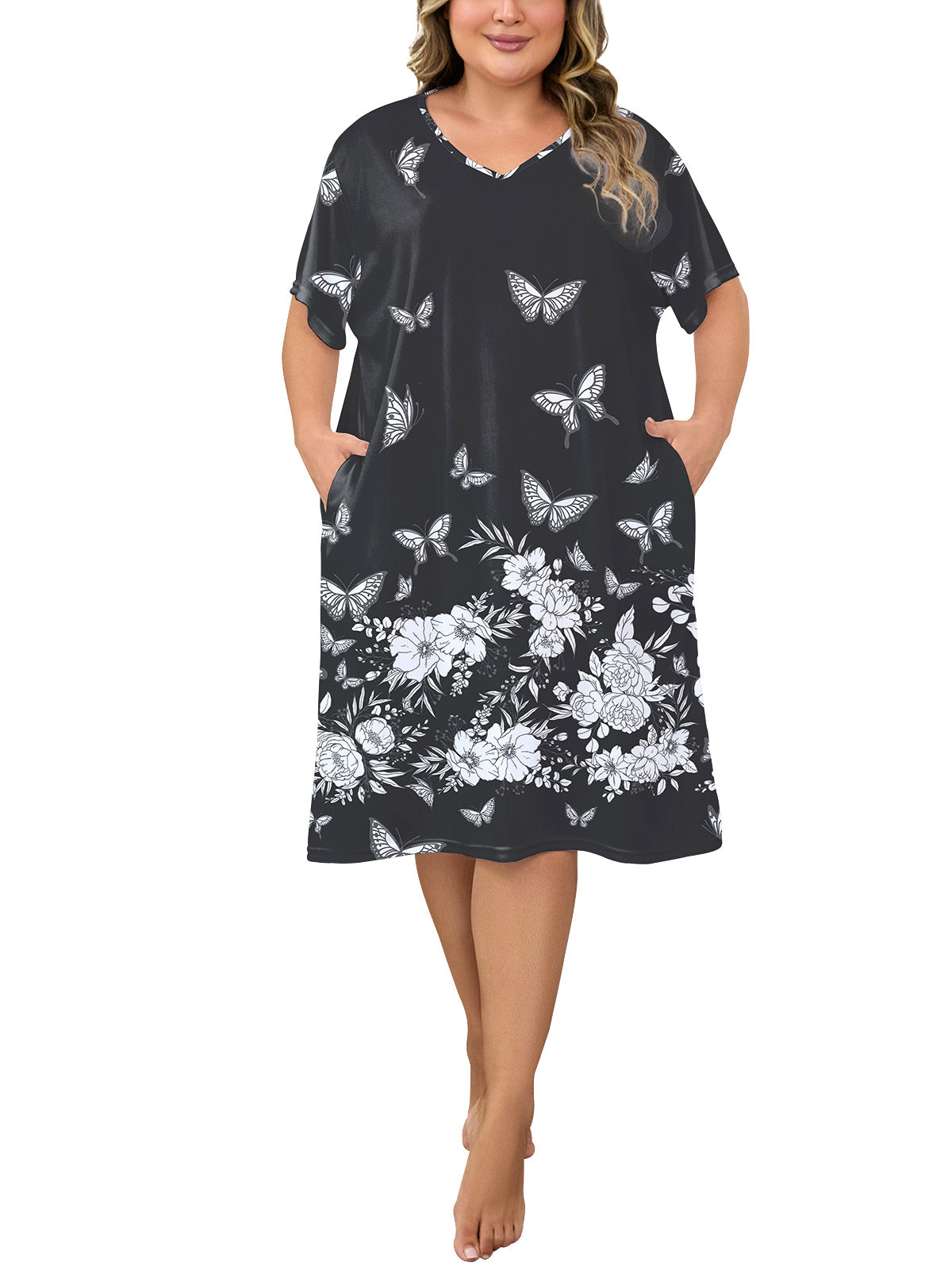 PinkBeautiM Nightgowns for Women Plus Size Print V Neck Sleepwear with Pockets