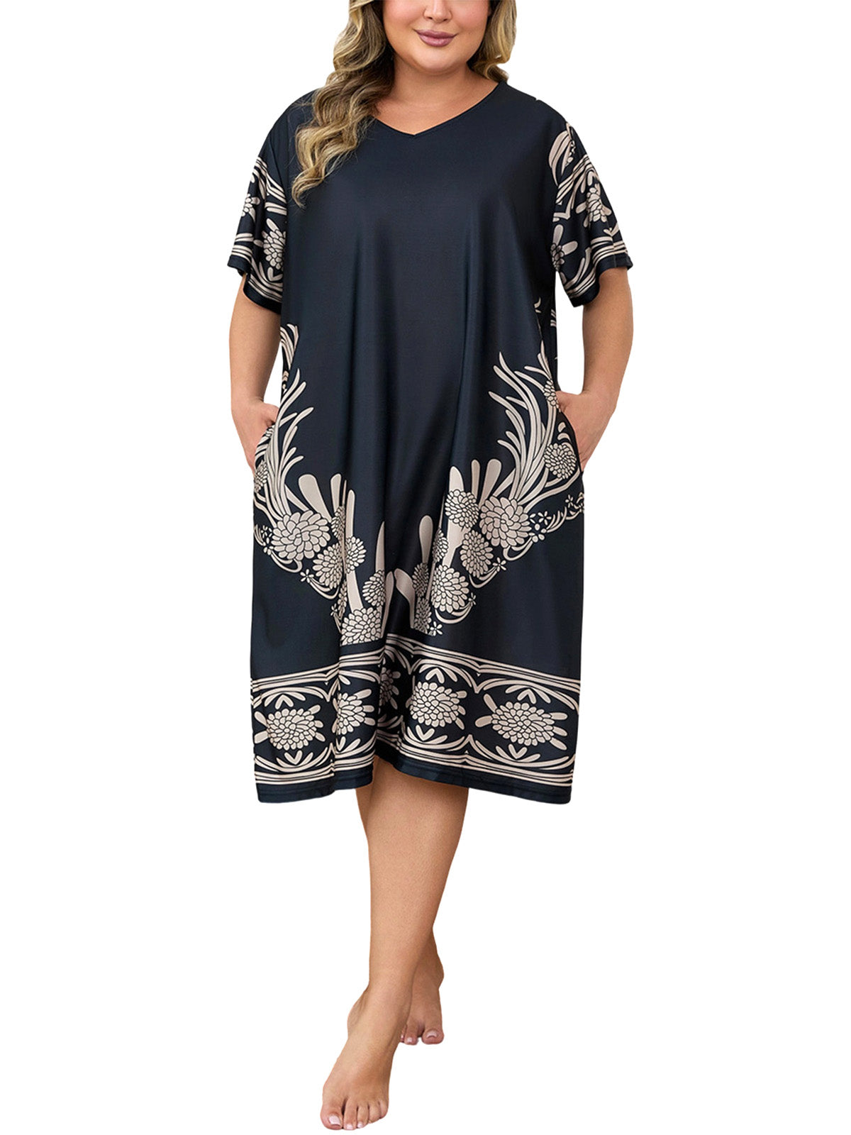 PinkBeautiM Nightgowns for Women Plus Size Print V Neck Sleepwear with Pockets