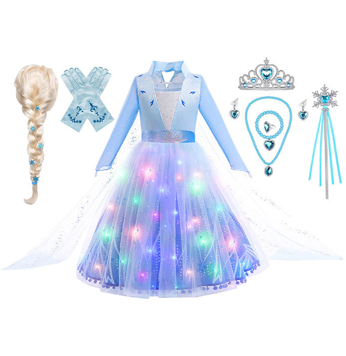 Girls Princess Costumes with LED Lights for Elsa
