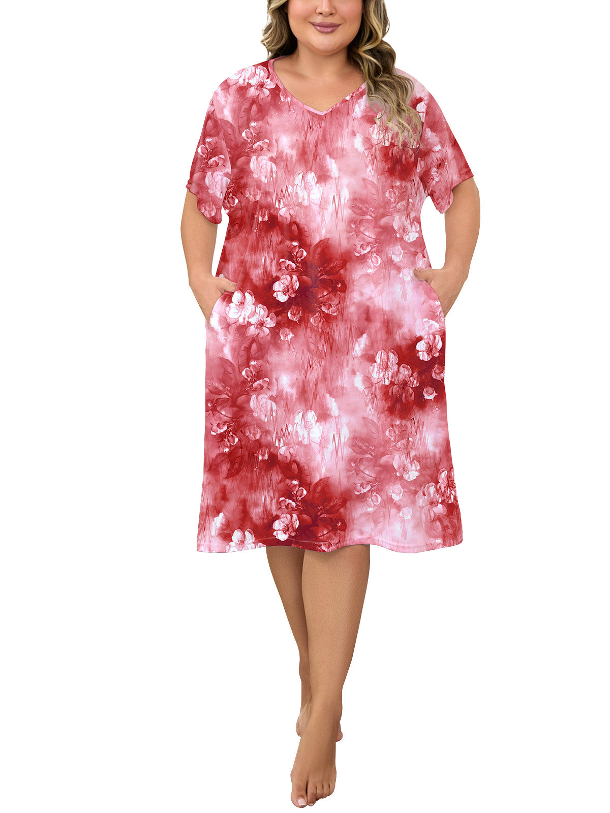 PinkBeautiM Nightgowns for Women Plus Size Print V Neck Sleepwear with Pockets