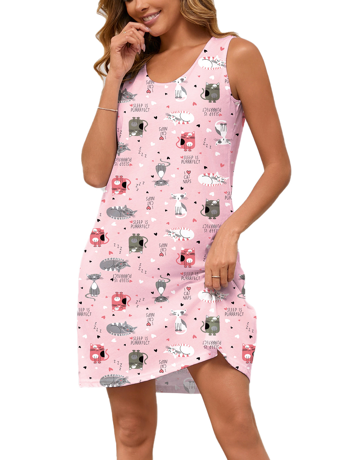 PinkBeautiM Sleeveless Night Shirts for Women Cotton Cute Prints Nightgown