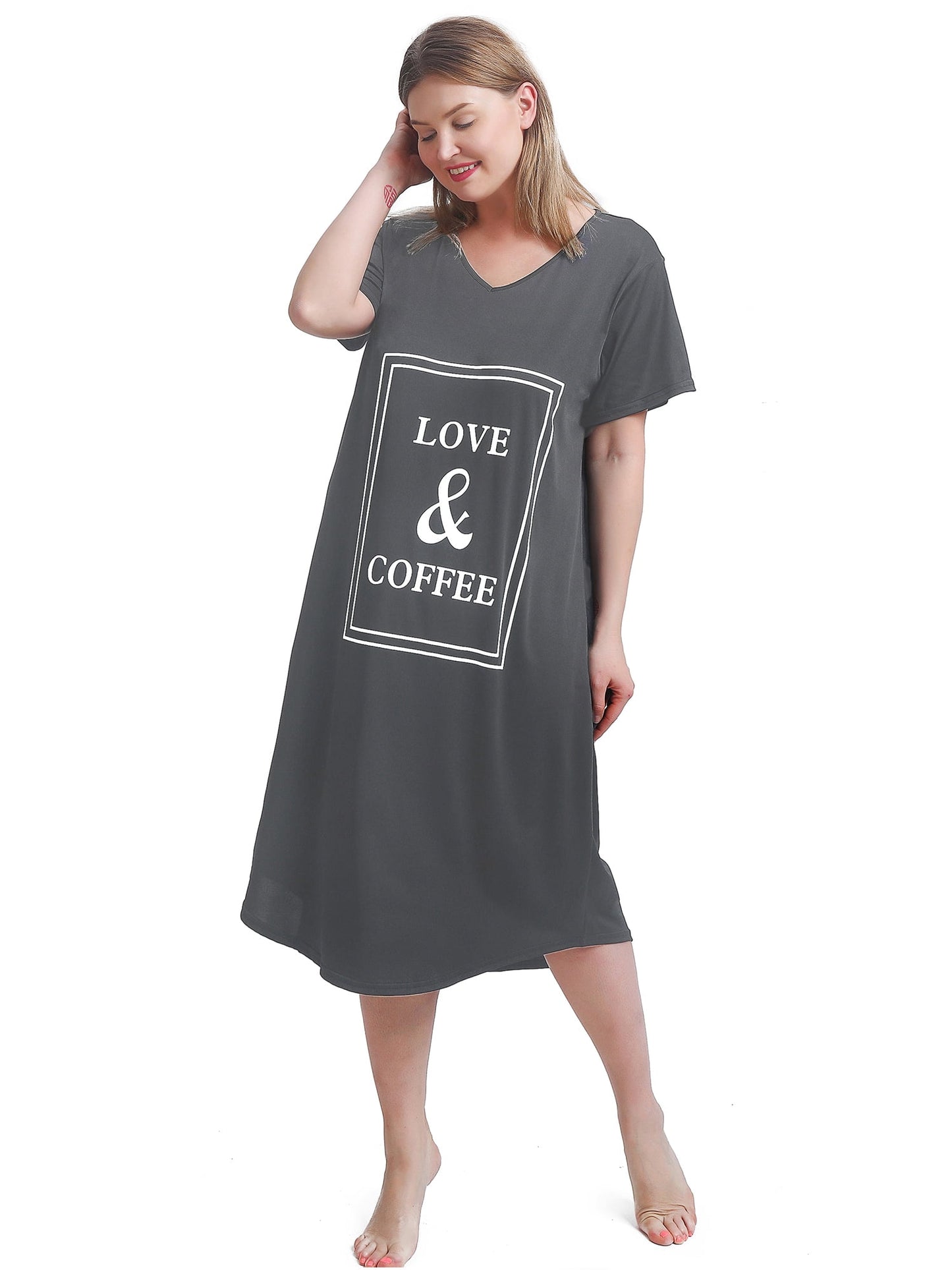 FEREMO Plus Size Nightgowns for Women V Neck Short Sleeve Nightshirts Sleepwear
