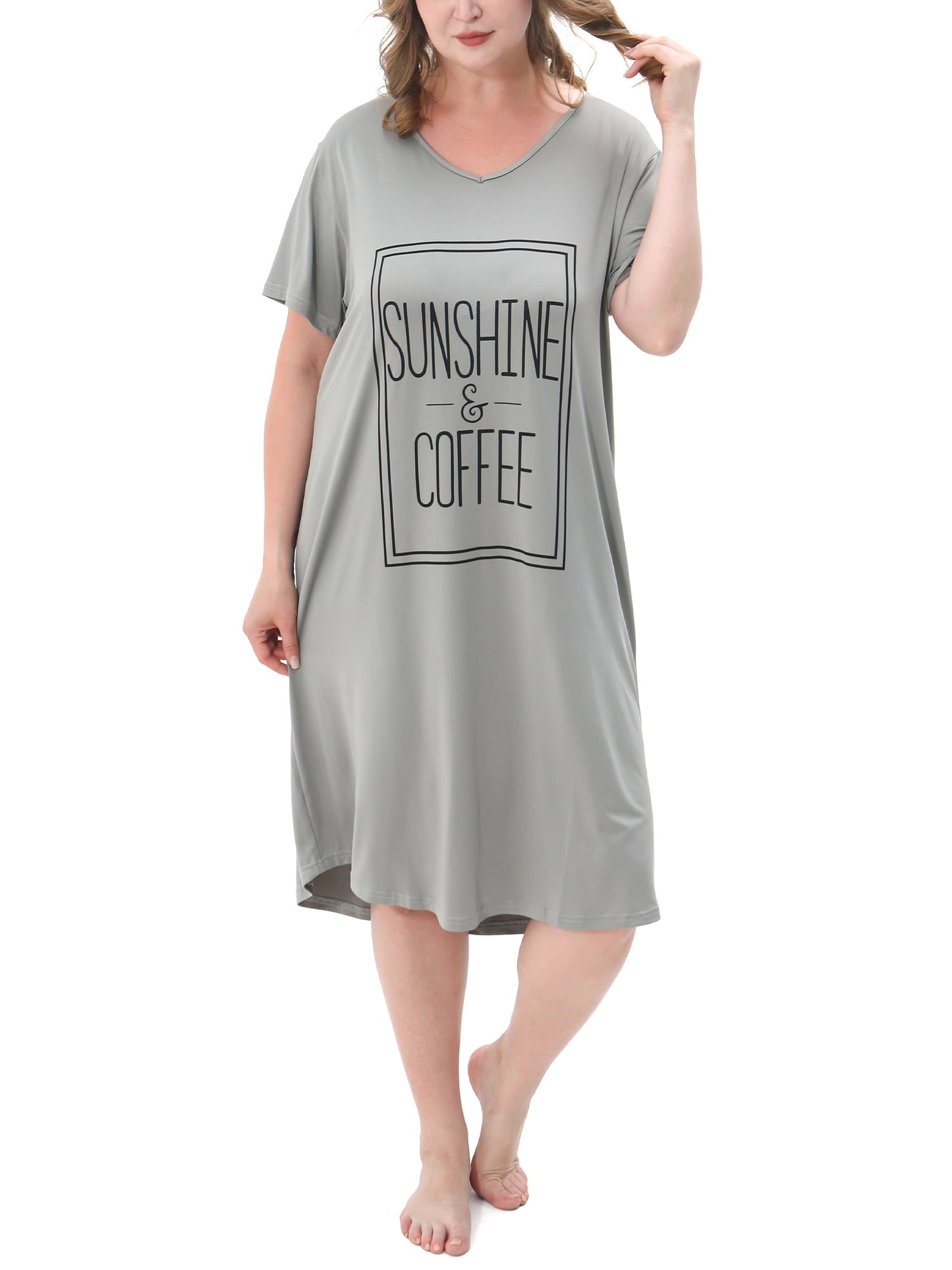 FEREMO Plus Size Nightgowns for Women V Neck Short Sleeve Nightshirts Sleepwear