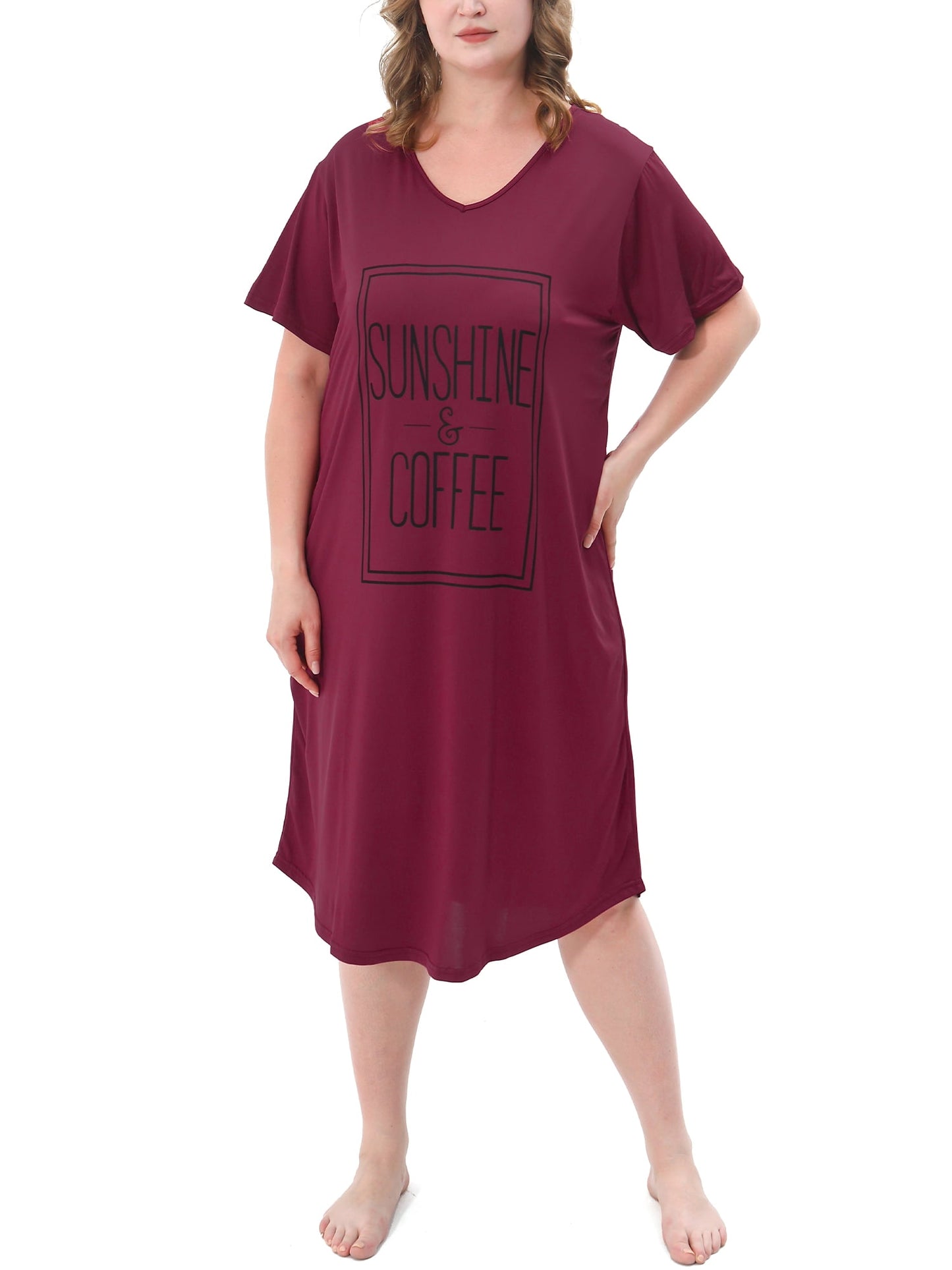 FEREMO Plus Size Nightgowns for Women V Neck Short Sleeve Nightshirts Sleepwear