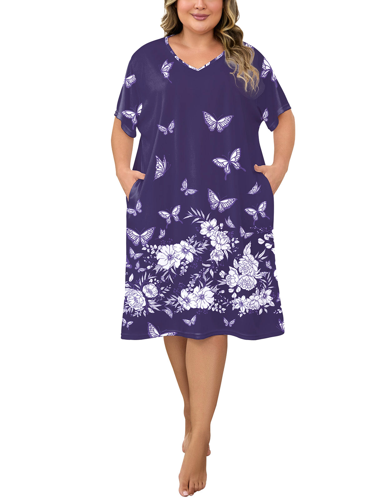 PinkBeautiM Nightgowns for Women Plus Size Print V Neck Sleepwear with Pockets