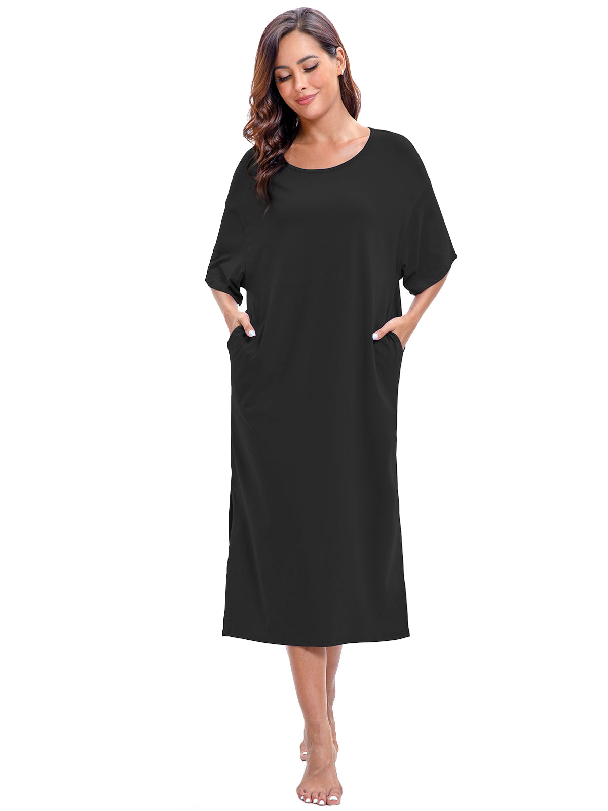 PinkBeautiM Nightgowns for Women Full Length Half Sleeve Lounge Dress Maxi Loungewear Comfy House Dress with Pockets