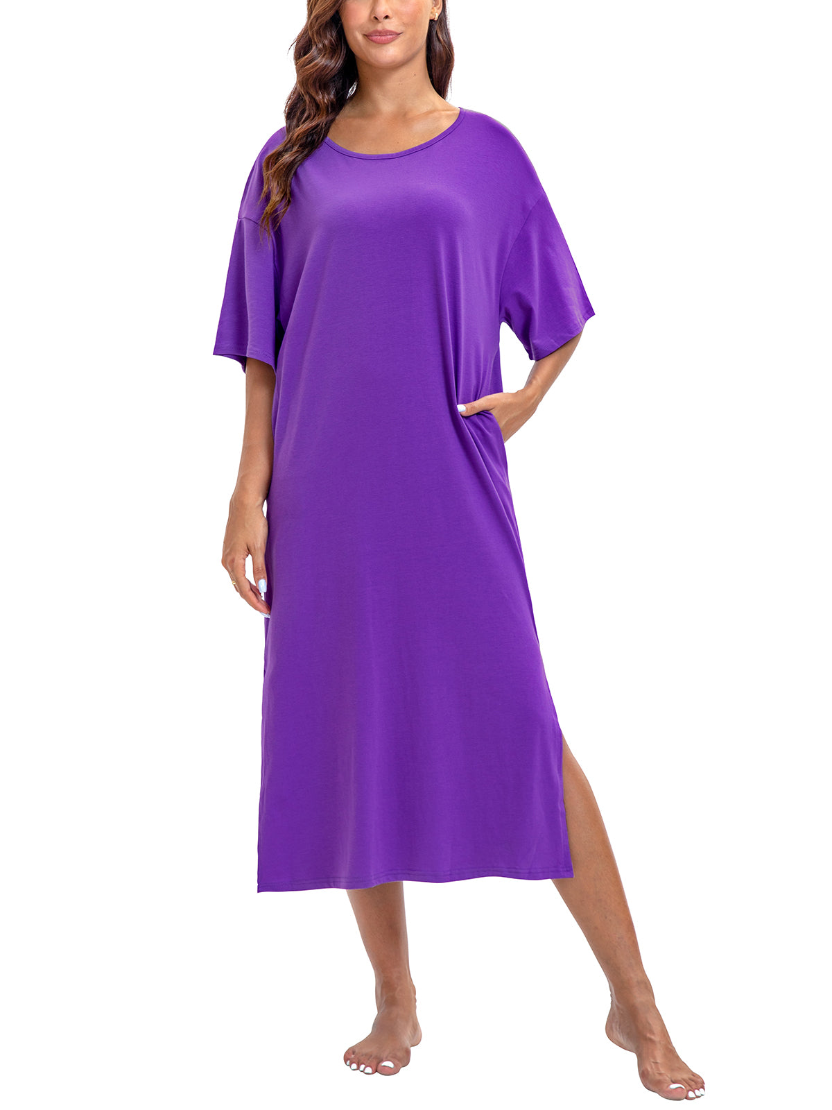 PinkBeautiM Nightgowns for Women Full Length Half Sleeve Lounge Dress Maxi Loungewear Comfy House Dress with Pockets