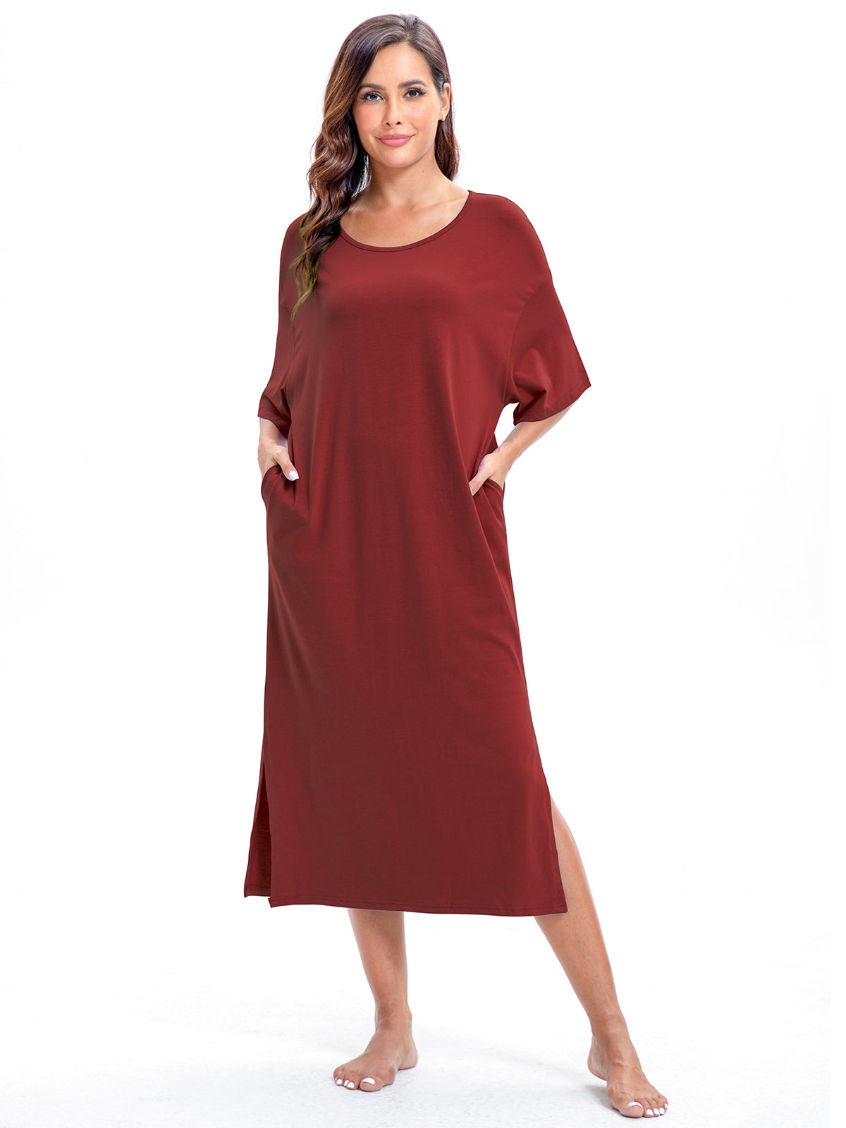 PinkBeautiM Nightgowns for Women Full Length Half Sleeve Lounge Dress Maxi Loungewear Comfy House Dress with Pockets