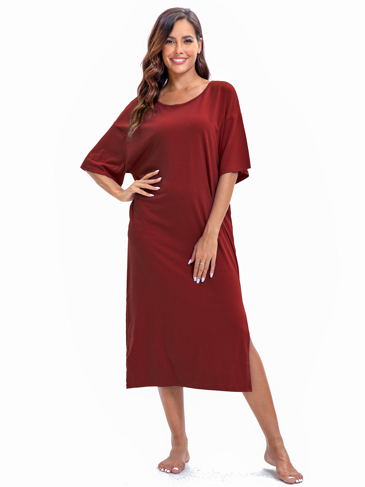 PinkBeautiM Nightgowns for Women Full Length Half Sleeve Lounge Dress Maxi Loungewear Comfy House Dress with Pockets