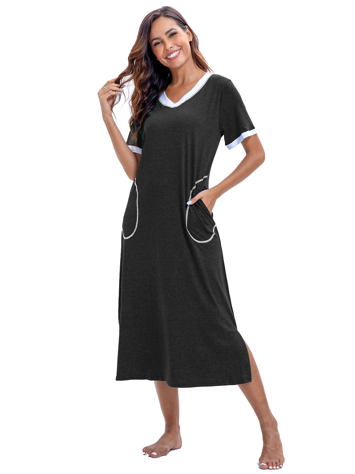 PinkBeautiM Nightgowns for Women Full Length Half Sleeve Lounge Dress Maxi Loungewear Comfy House Dress with Pockets