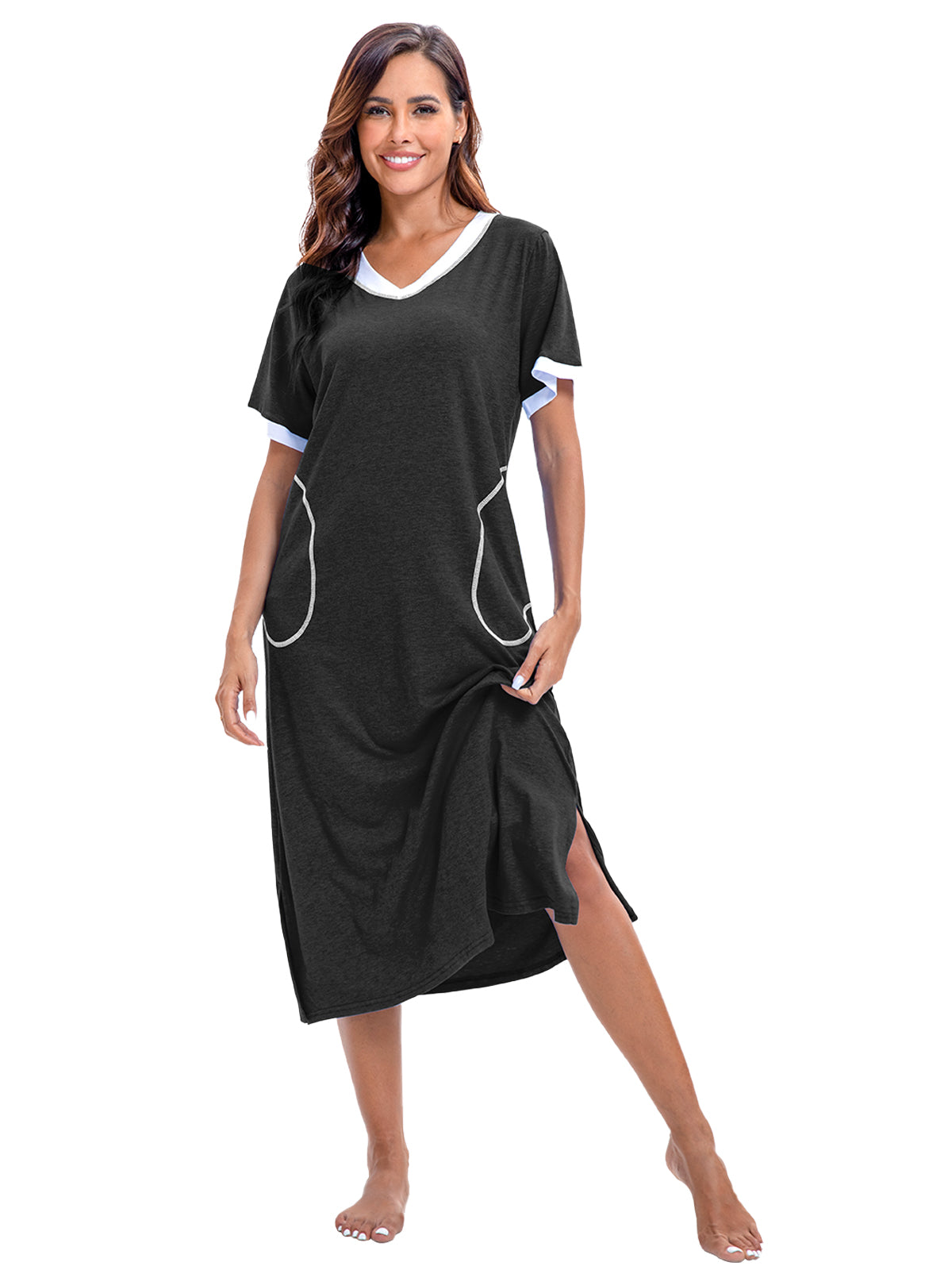 PinkBeautiM Nightgowns for Women Full Length Half Sleeve Lounge Dress Maxi Loungewear Comfy House Dress with Pockets