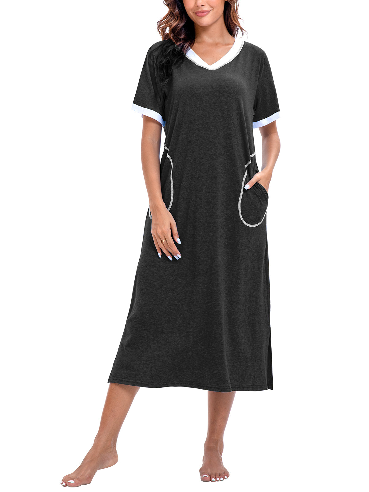 PinkBeautiM Nightgowns for Women Full Length Half Sleeve Lounge Dress Maxi Loungewear Comfy House Dress with Pockets