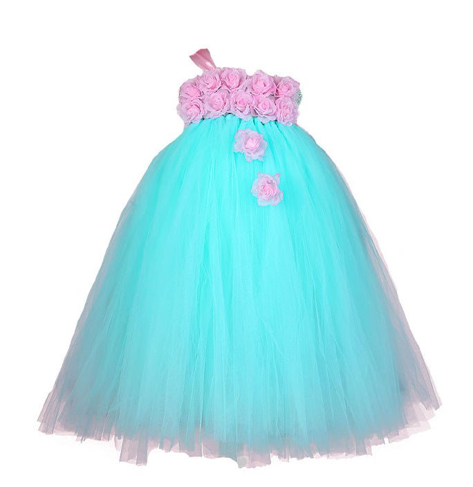 Girls Aqua Color Flower Birthday Festive Dress