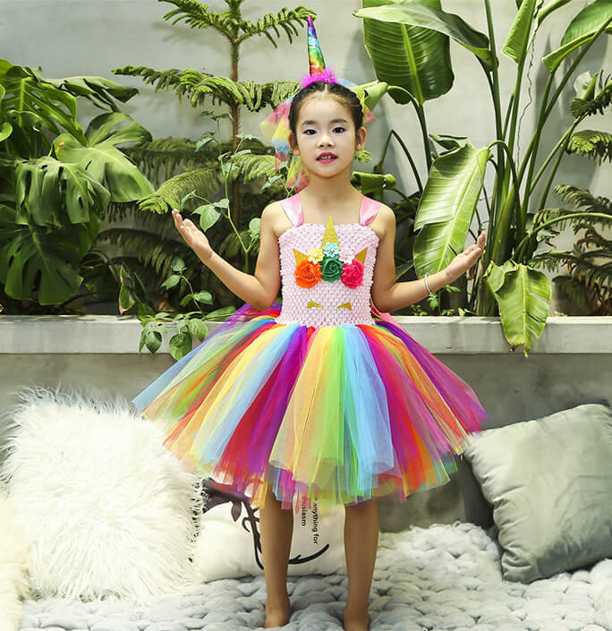 Girls Colorful Unicorn Crown Tutu Dress