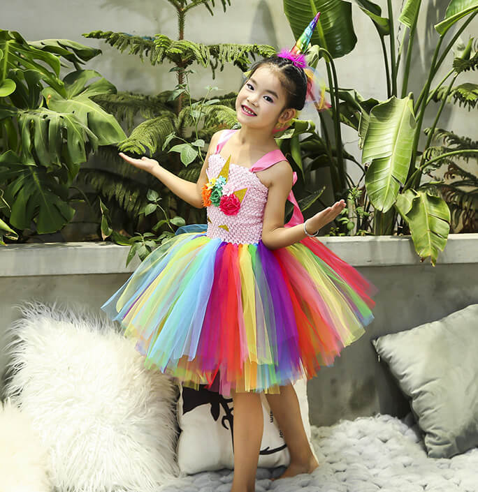 Girls Colorful Unicorn Crown Tutu Dress