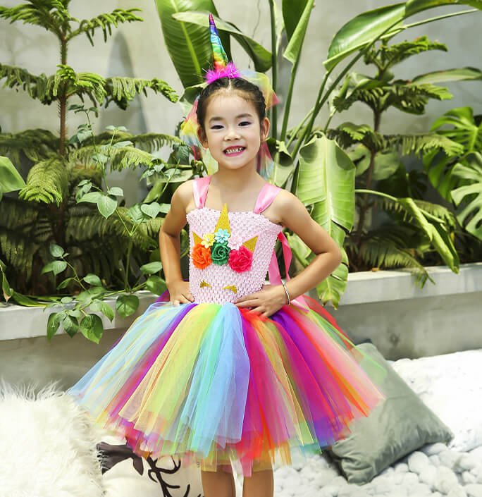 Girls Colorful Unicorn Crown Tutu Dress