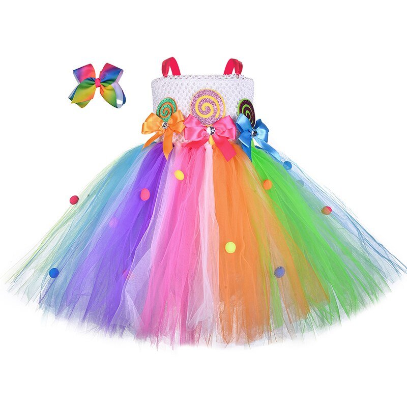 Girls Fairy Candy Lollipop Tutu Dress With Hairband Children Kids Rainbow Colorful Sweet Birthday Halloween Holidays Costume