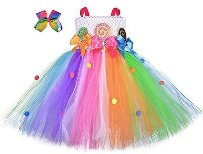 Girls Fairy Candy Lollipop Tutu Dress With Hairband Children Kids Rainbow Colorful Sweet Birthday Halloween Holidays Costume