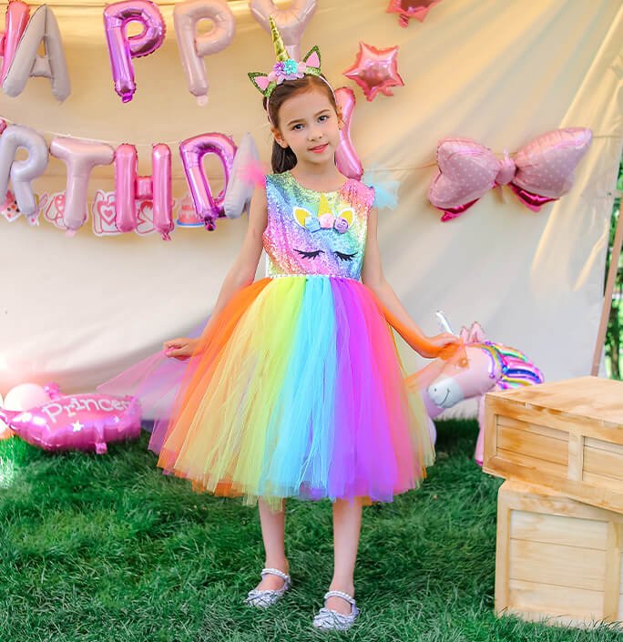 Girls Sequined Colorful Unicorn Party Dress