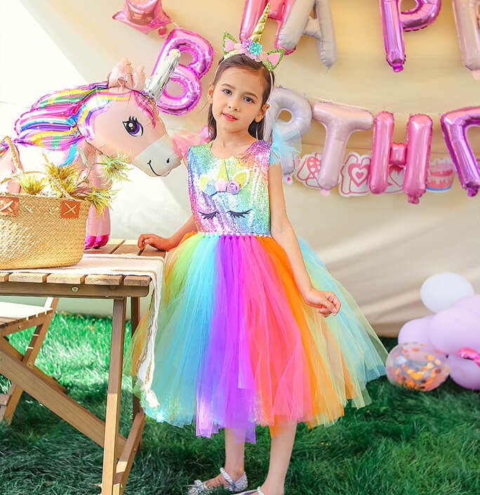 Girls Sequined Colorful Unicorn Party Dress