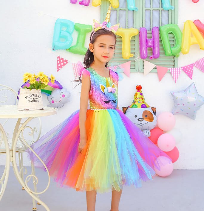 Girls Sequined Colorful Unicorn Party Dress