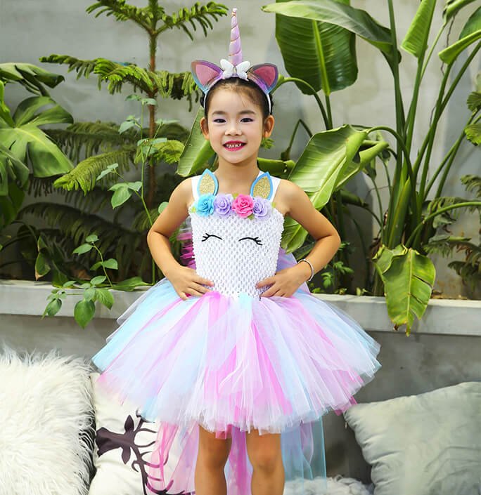 Girls Unicorn Long Tail Colorful Tutu Dress