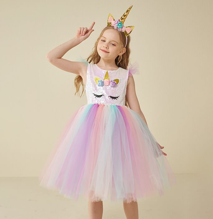 Girls White Sequin Colorful Unicorn Dress