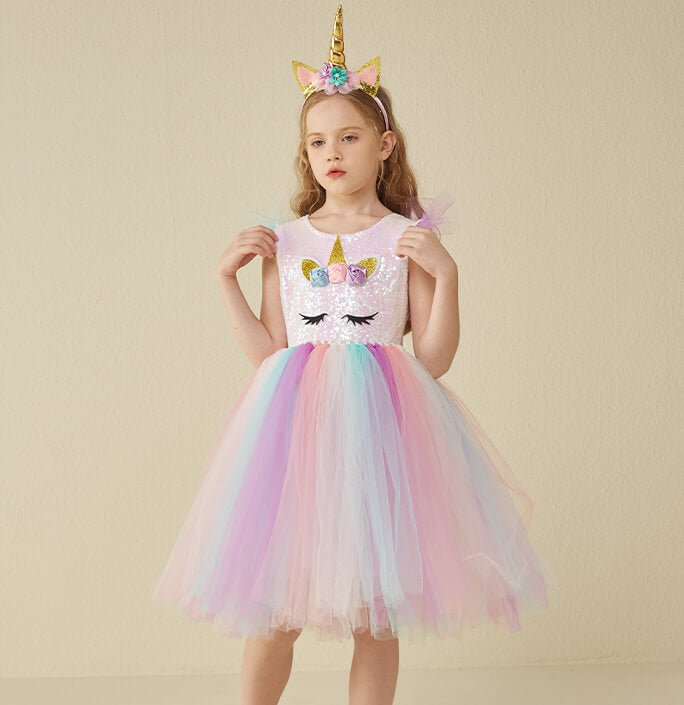 Girls White Sequin Colorful Unicorn Dress
