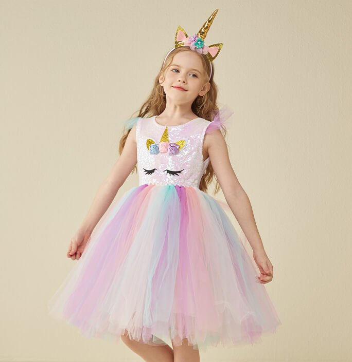 Girls White Sequin Colorful Unicorn Dress