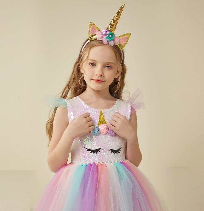 Girls White Sequin Colorful Unicorn Dress