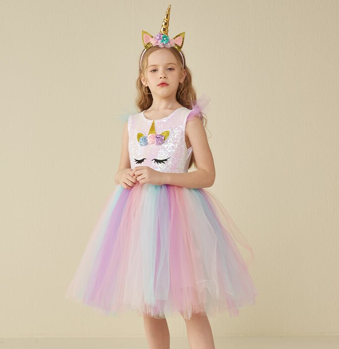 Girls White Sequin Colorful Unicorn Dress