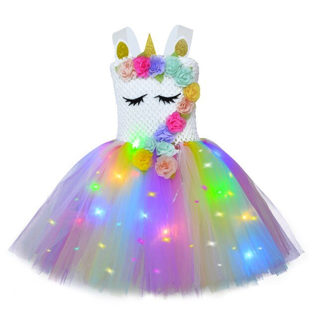 Girl Rainbow Led Unicorn Lights Tutu Dress