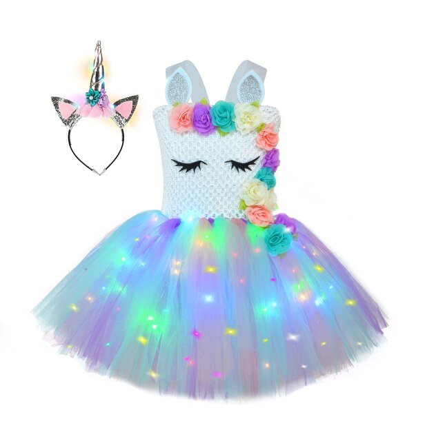 Girl Rainbow Led Unicorn Lights Tutu Dress