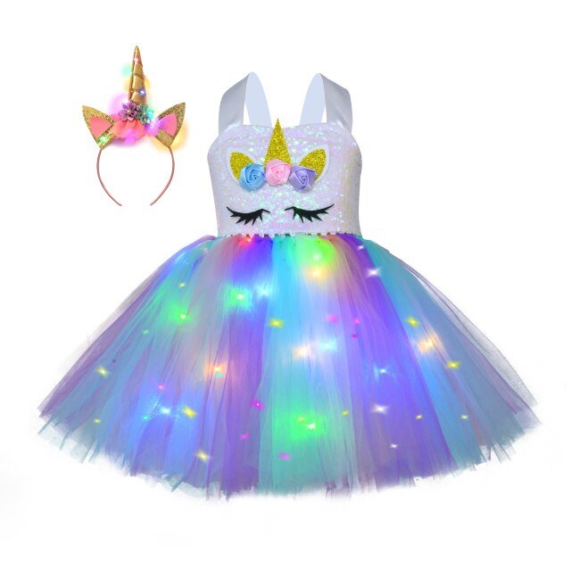 Girl Rainbow Led Unicorn Lights Tutu Dress