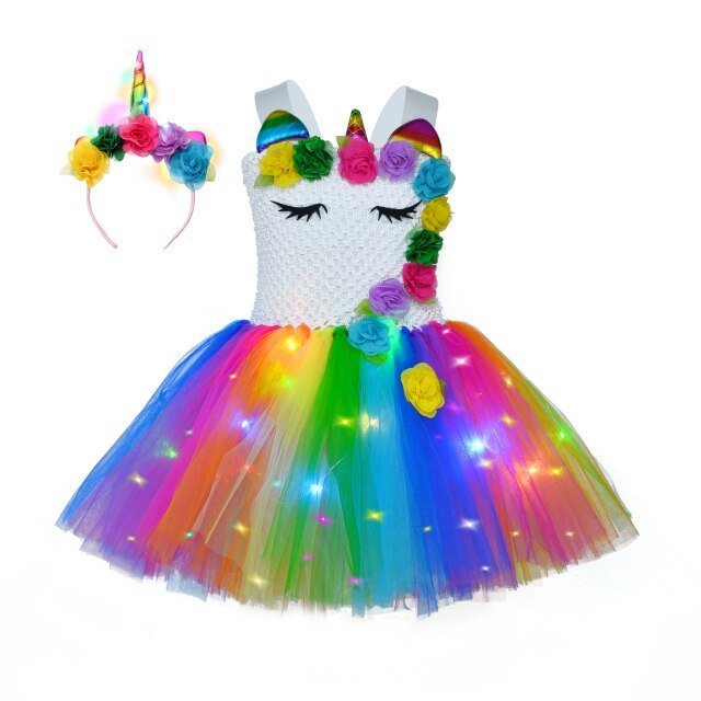 Girl Rainbow Led Unicorn Lights Tutu Dress
