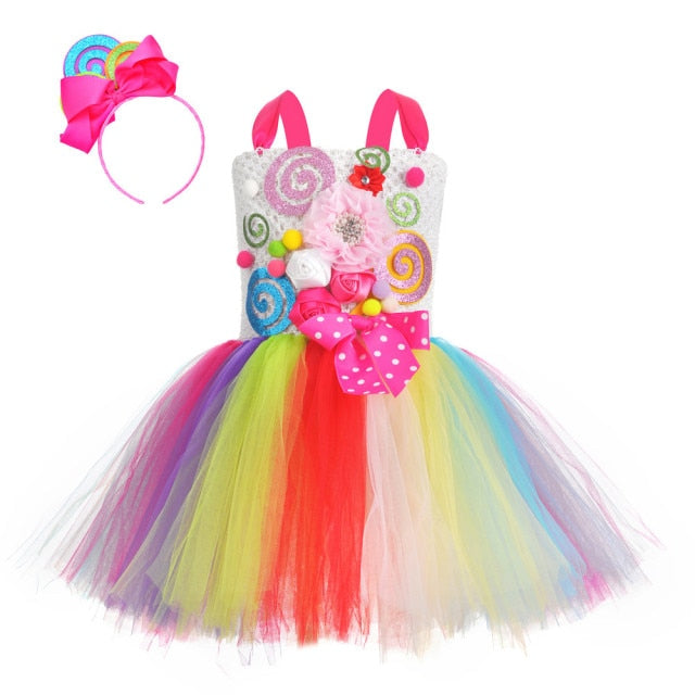 Rainbow Sweet Candy Fairy Girl Purim Birthday Costume Kids Purim Lollipop Flower Bow Tutu Dress Headband For Mardi Gras Carnival