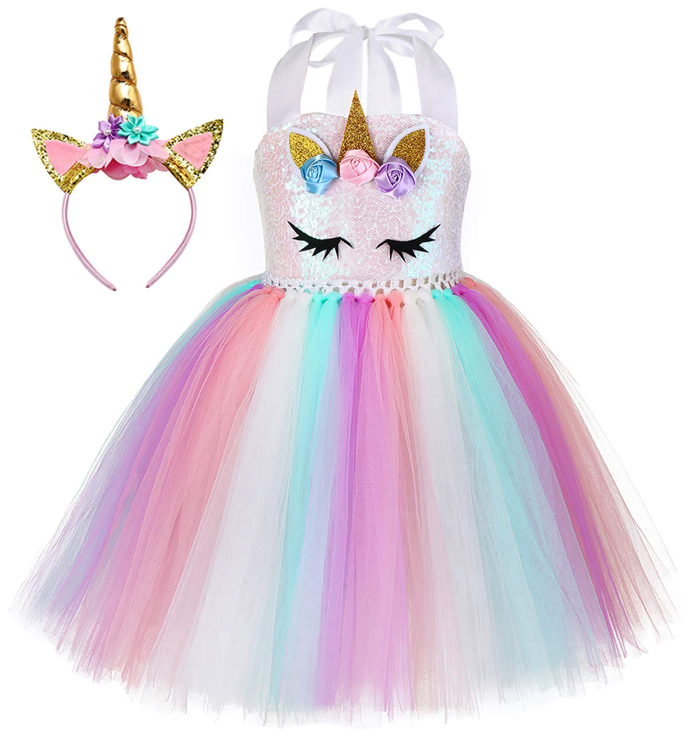 Sequin Unicorn Dress for Girls 1-10Y with Headband