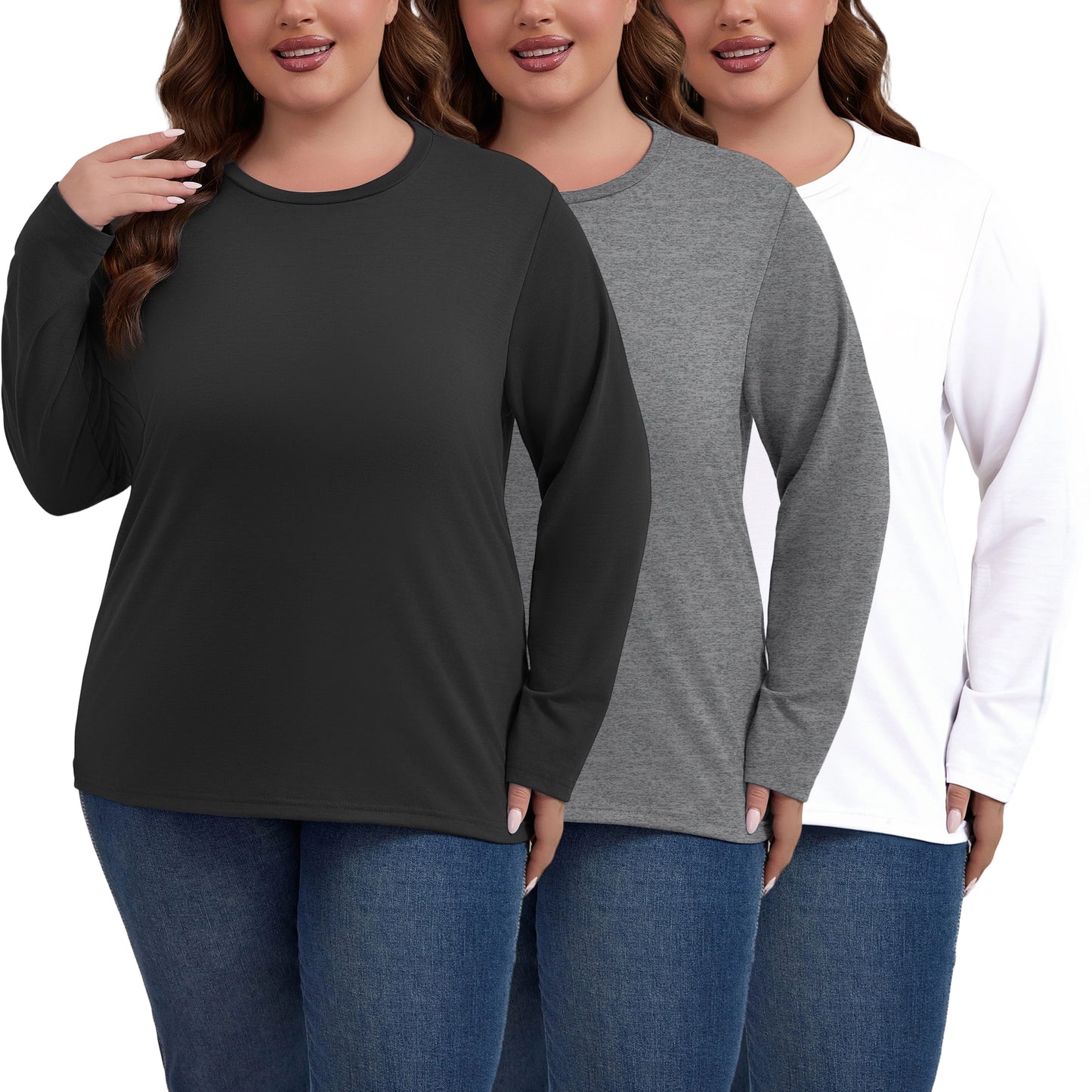 PinkBeautiM Womens Plus Size Tops Long Sleeve Shirts Crew Neck Casual Soft Blouse3 Pack