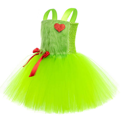 Girls Christmas Green Hairy Monster Tutu Dress