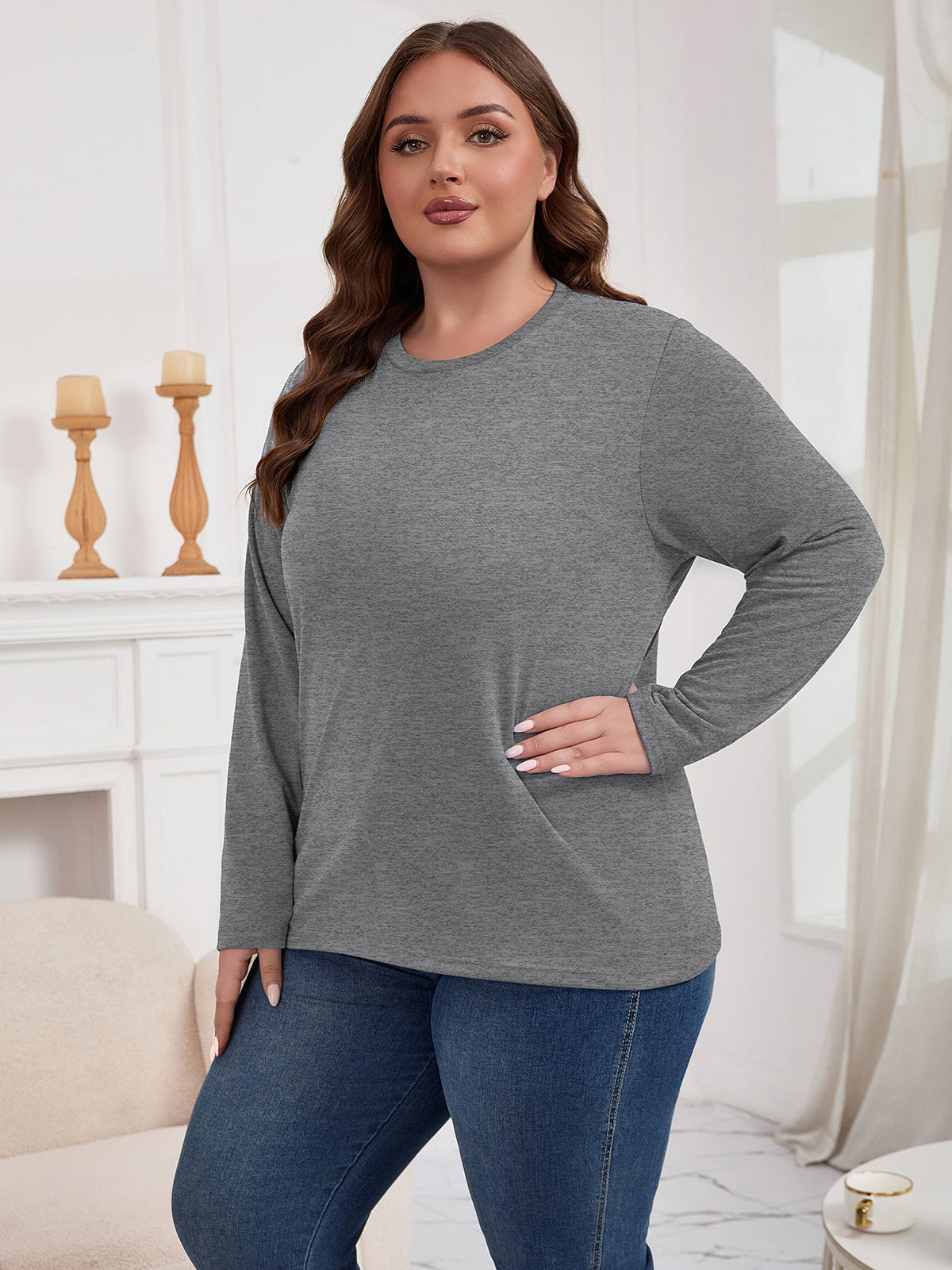 PinkBeautiM Womens Plus Size Tops Long Sleeve Shirts Crew Neck Casual Soft Blouse3 Pack